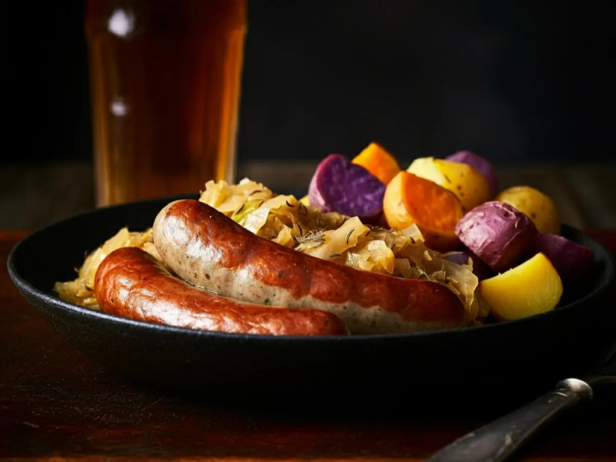 Beer Braised Bratwurst with Braised Cabbage and Potato Hash Beer Braised Bratwurst with Braised Cabbage and Potato Hash