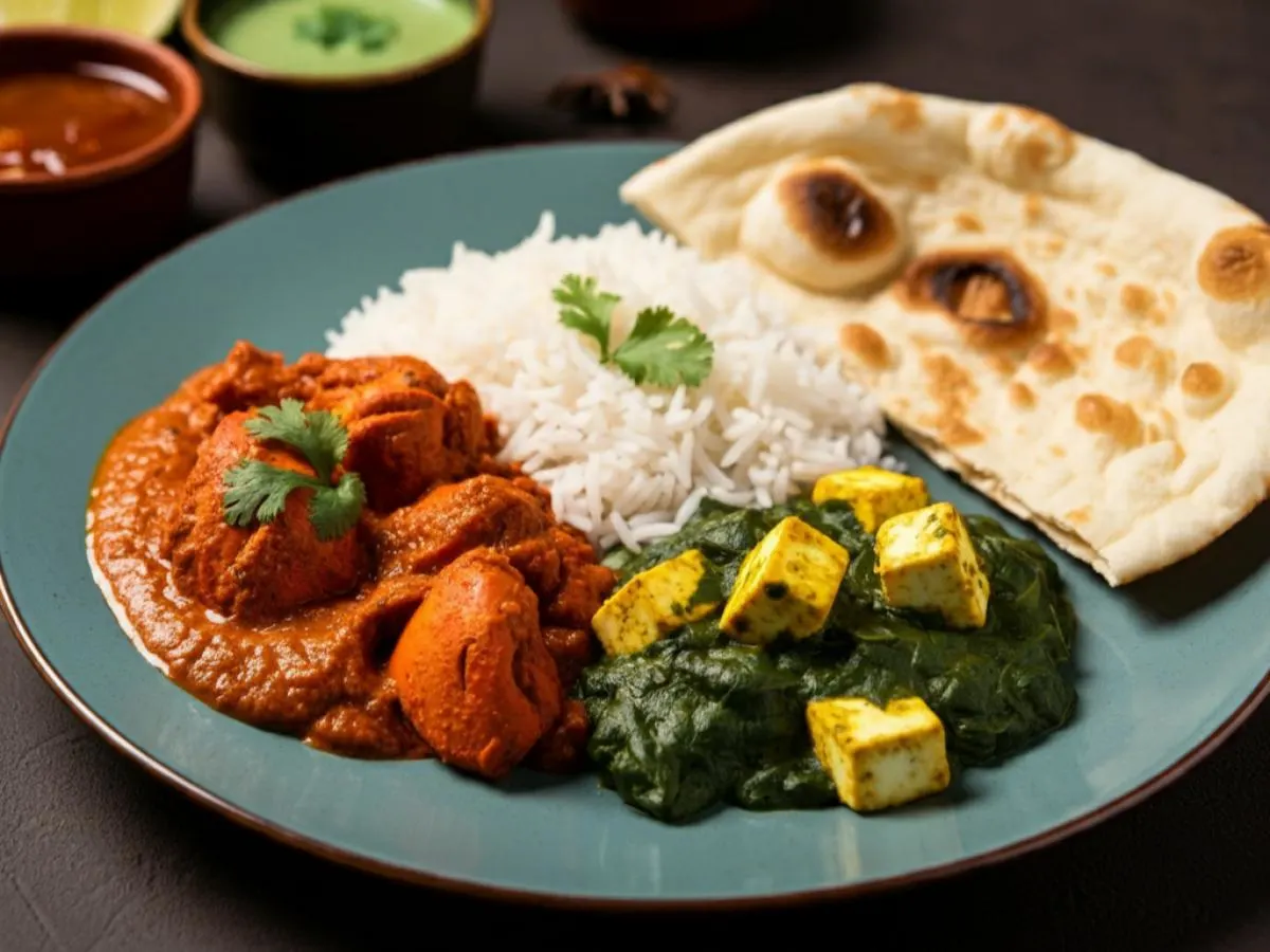 Chicken Tikka Masala and Saag Paneer with Rice and Naan Chicken Tikka Masala and Saag Paneer with Rice and Naan