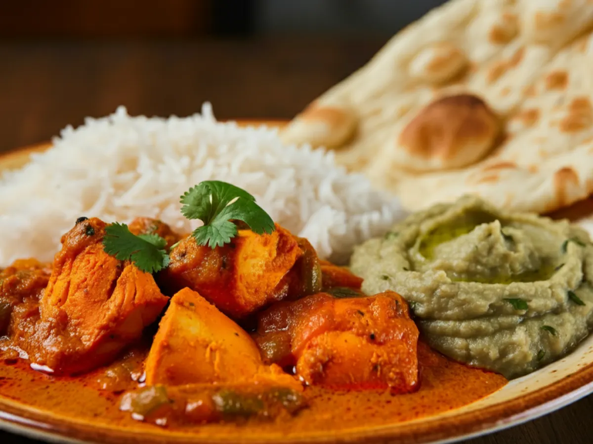 Chicken Tikka Masala and Baigan Bharta with Rice and Naan Chicken Tikka Masala and Baigan Bharta with Rice and Naan
