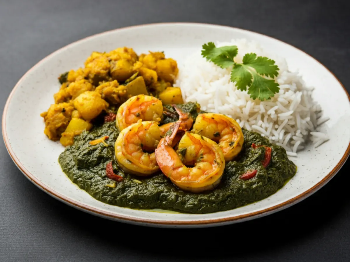 Shrimp Saag with Aloo Mottor Gobi and Basmati Rice Shrimp Saag with Aloo Mottor Gobi and Basmati Rice