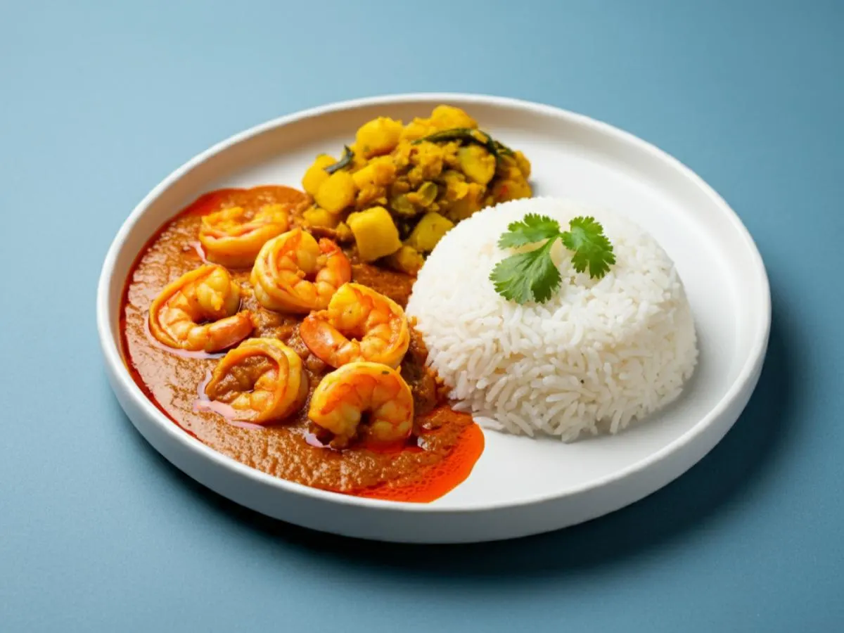 Shrimp Curry with Aloo Mottor Gobi and Basmati Rice Shrimp Curry with Aloo Mottor Gobi and Basmati Rice