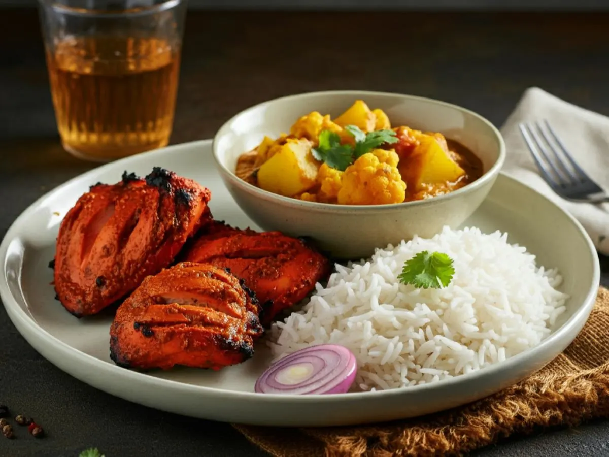 Chicken Tikka with Aloo Mottor Gobi and Basmati Rice Chicken Tikka with Aloo Mottor Gobi and Basmati Rice
