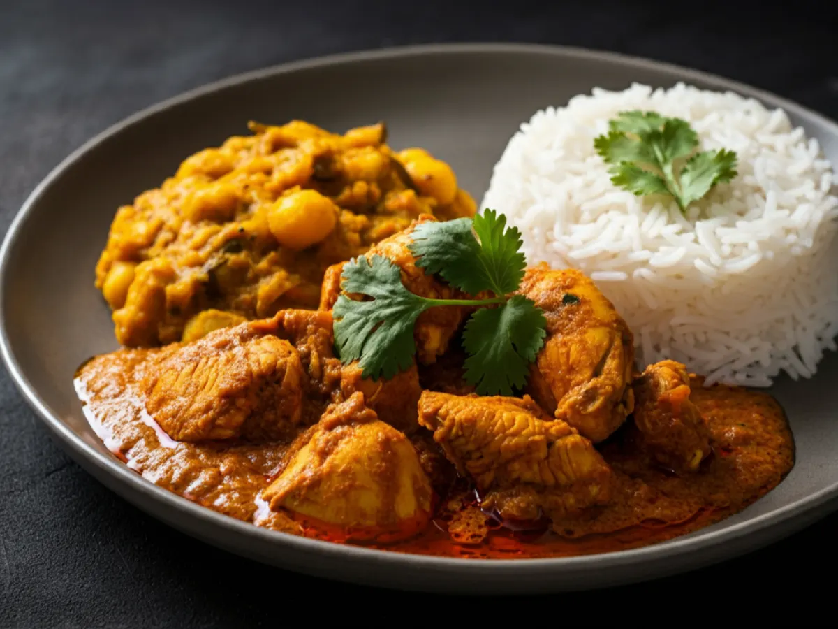 Chicken Vindaloo with Aloo Mottor Gobi and Basmati Rice Chicken Vindaloo with Aloo Mottor Gobi and Basmati Rice