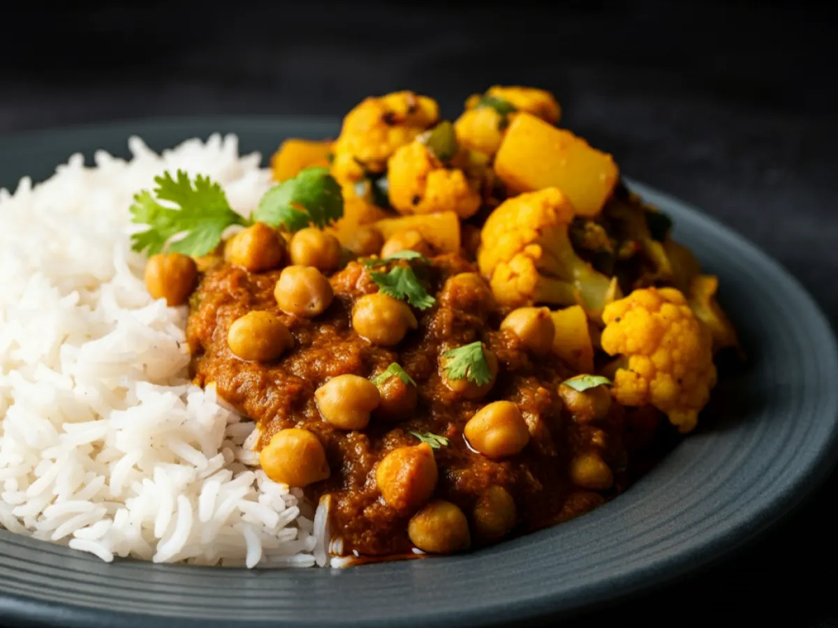 Chana Masala and Aloo Mottor Gobi with Rice Chana Masala and Aloo Mottor Gobi with Rice