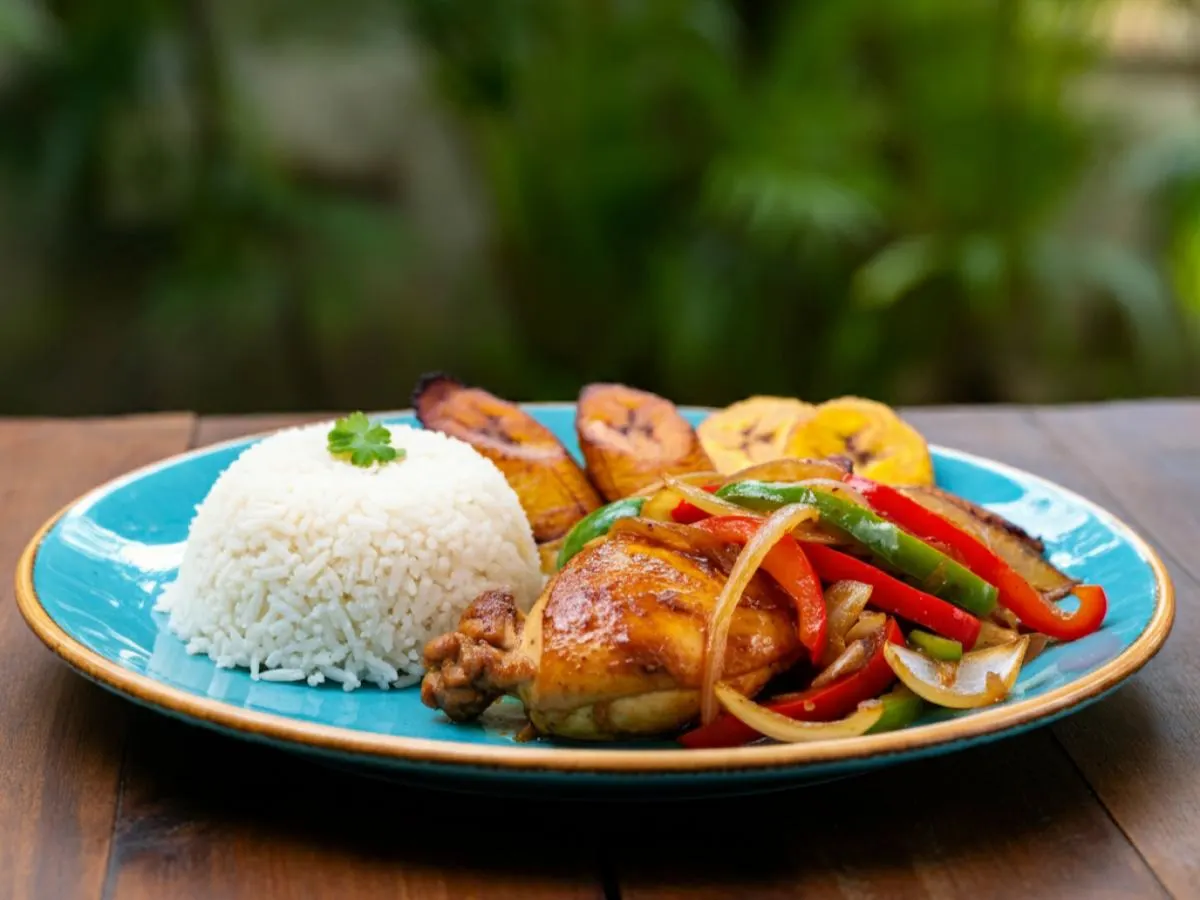 Chicken Adobo with Rice, Fried Plantains, and Veggies Chicken Adobo with Rice, Fried Plantains, and Veggies