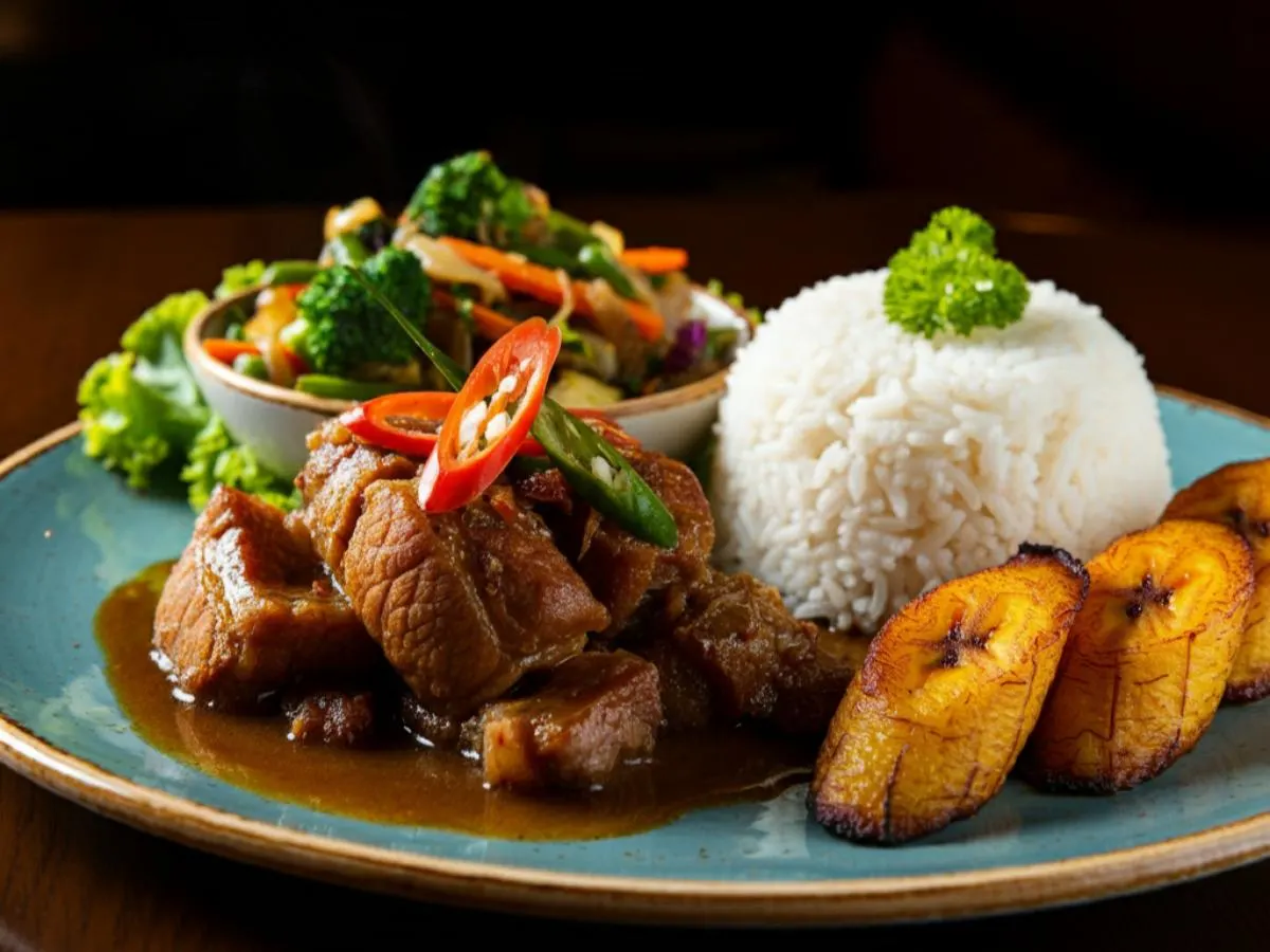Pork Adobo with Rice, Fried Plantains, and Veggies Pork Adobo with Rice, Fried Plantains, and Veggies