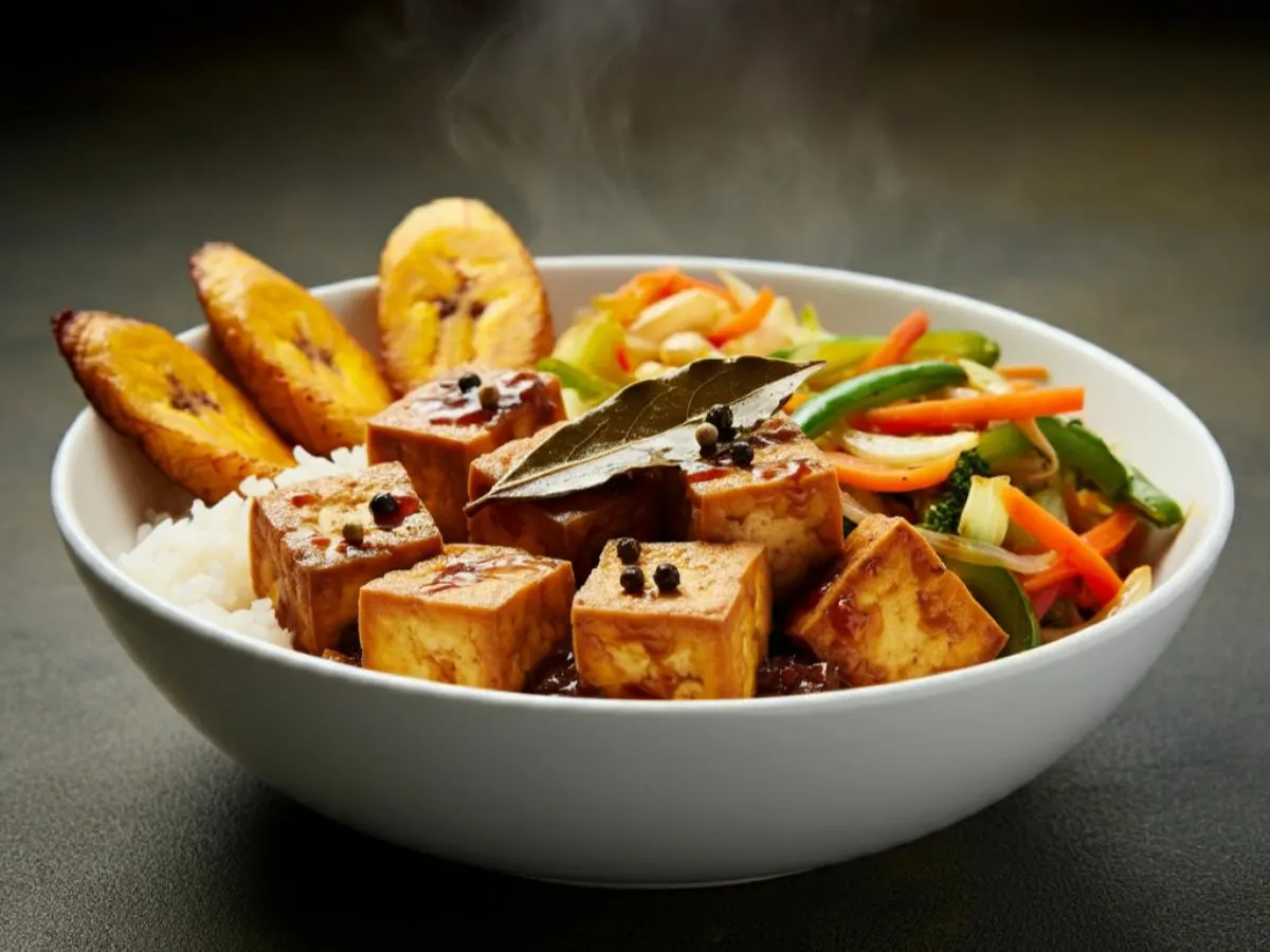 Tofu Adobo with Rice, Fried Plantains, and Veggies Tofu Adobo with Rice, Fried Plantains, and Veggies