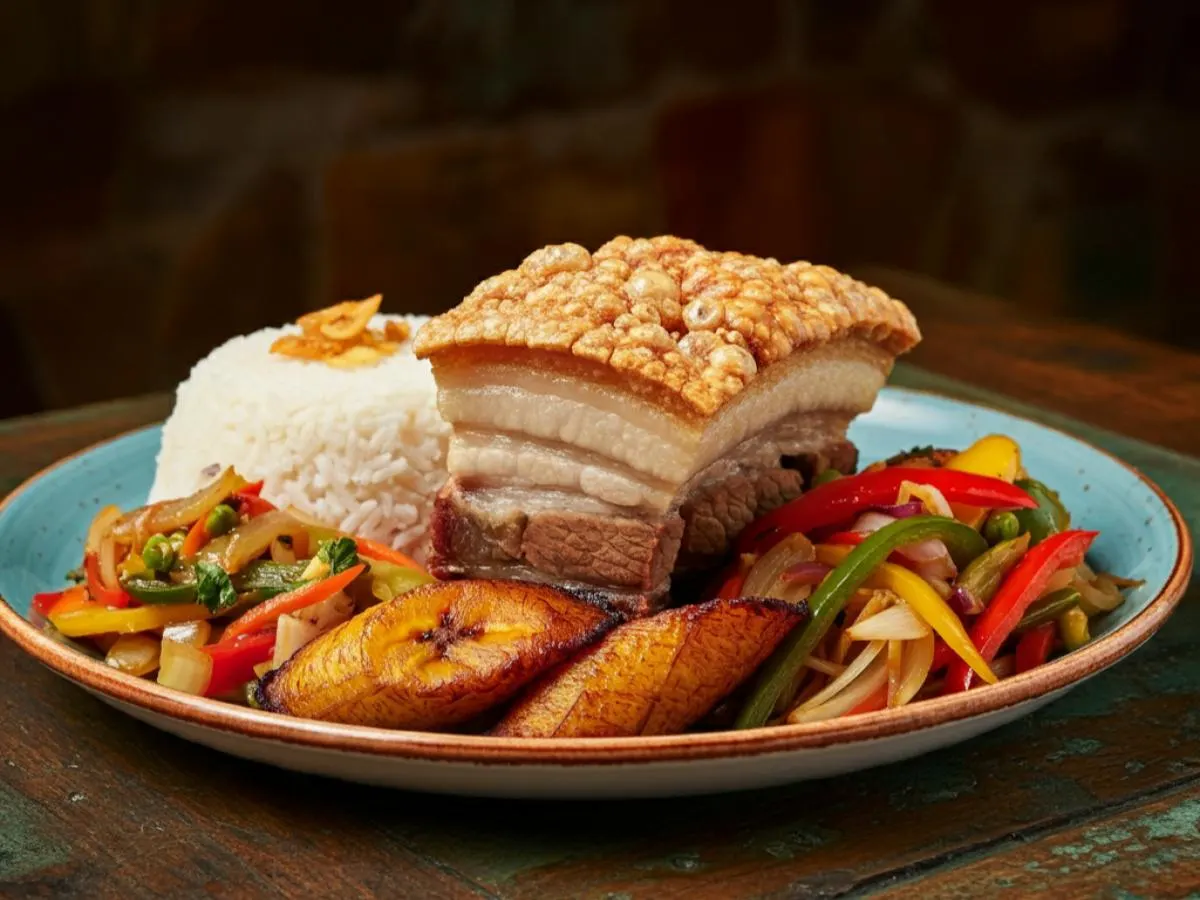 Lechon Kawali with Garlic Rice, Fried Plantains, and Veggies Lechon Kawali with Garlic Rice, Fried Plantains, and Veggies