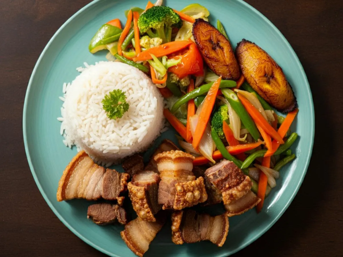 Lechon Kawali with Rice, Fried Plantains, and Veggies Lechon Kawali with Rice, Fried Plantains, and Veggies