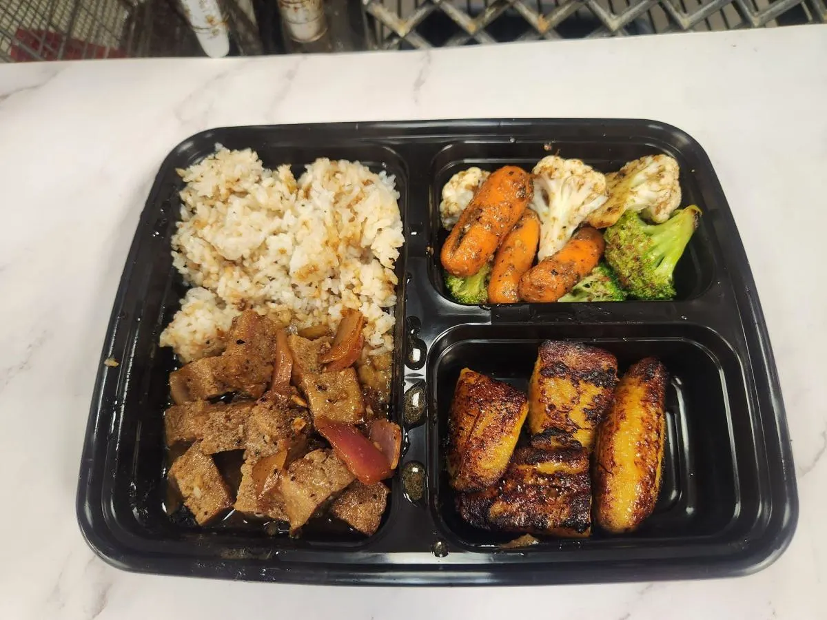 Tofu Adobo with Garlic Rice, Fried Plantains, and Veggies Tofu Adobo with Garlic Rice, Fried Plantains, and Veggies