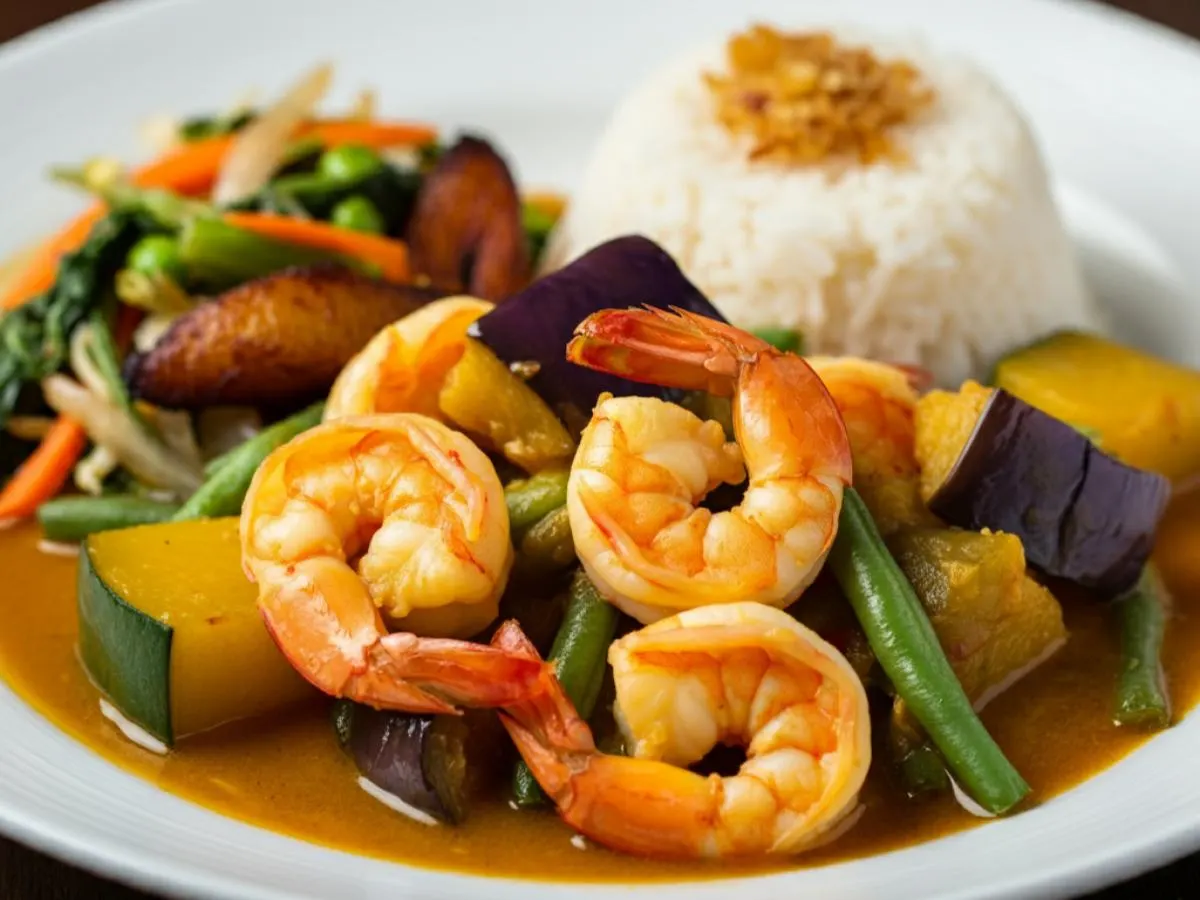 Shrimp Pinakbet with Garlic rice and fried plantains and Veggies Shrimp Pinakbet with Garlic rice and fried plantains and Veggies