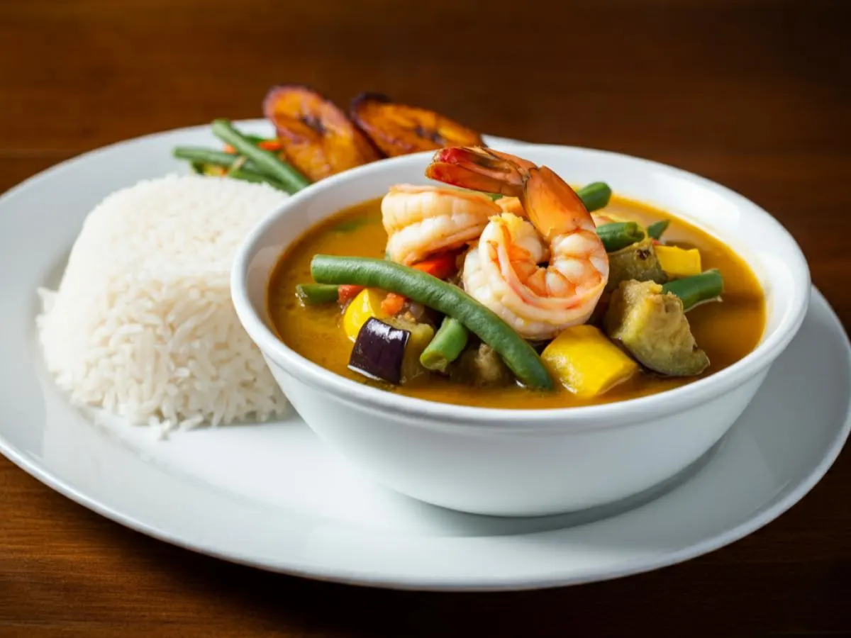 Shrimp Pinakbet with Rice, Fried Plantains, and Veggies Shrimp Pinakbet with Rice, Fried Plantains, and Veggies