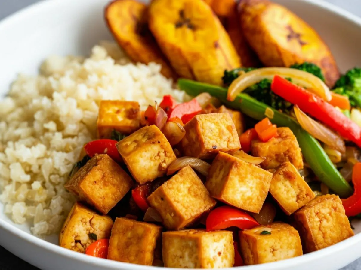 Crispy Tofu Sisig with Cauliflower Rice, Fried Plantains, and Veggies Crispy Tofu Sisig with Cauliflower Rice, Fried Plantains, and Veggies