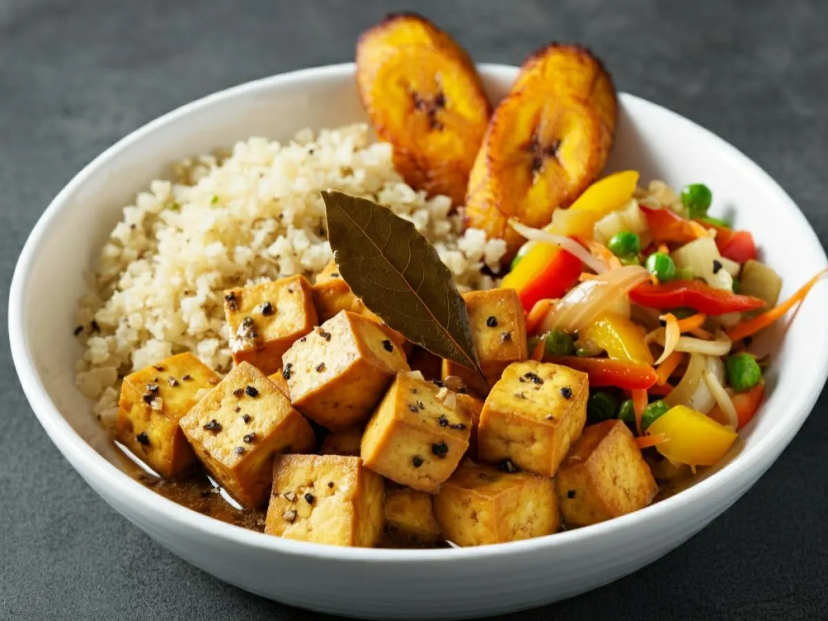 Tofu Adobo with Cauliflower Rice, Fried Plantains, and Veggies Tofu Adobo with Cauliflower Rice, Fried Plantains, and Veggies