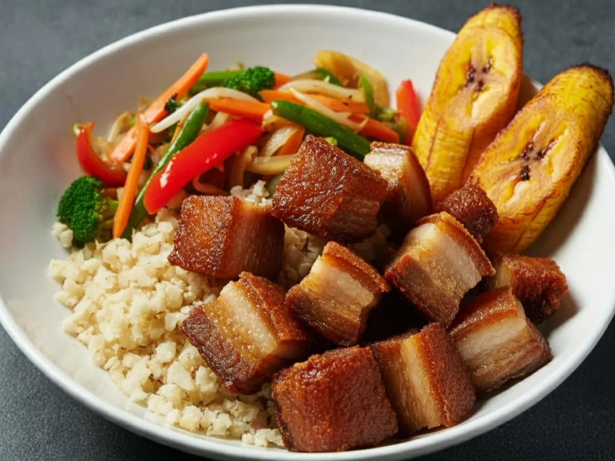 Lechon Kawali with Cauliflower Rice, Fried Plantains, and Veggies Lechon Kawali with Cauliflower Rice, Fried Plantains, and Veggies