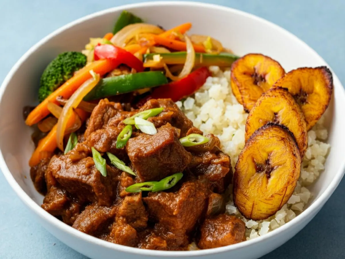 Pork Adobo with Cauliflower Rice, Fried Plantains, and Veggies Pork Adobo with Cauliflower Rice, Fried Plantains, and Veggies