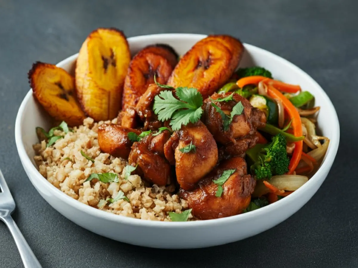 Chicken Adobo with Cauliflower Rice, Fried Plantains, and Veggies Chicken Adobo with Cauliflower Rice, Fried Plantains, and Veggies