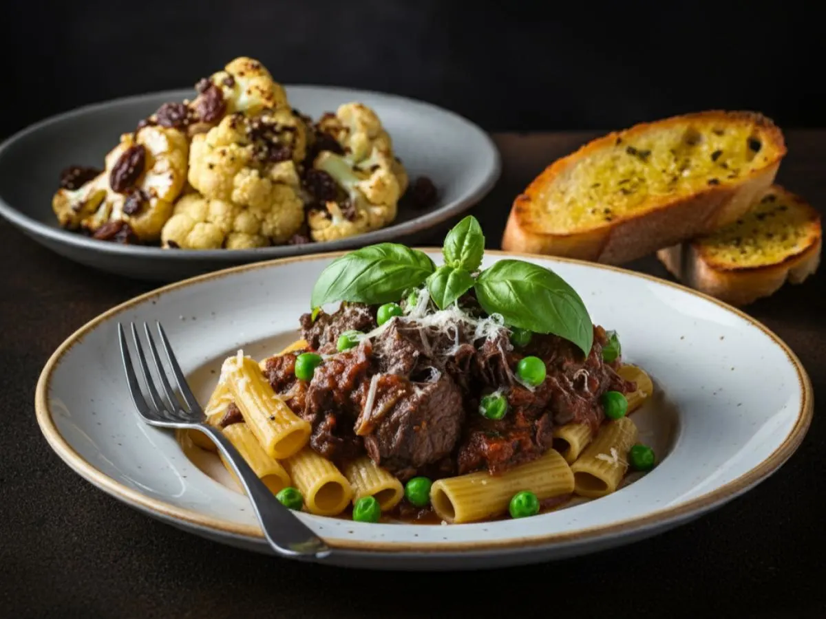 Italian Braised Beef with Rigatoni, Grilled Cauliflower & Garlic Bread Italian Braised Beef with Rigatoni, Grilled Cauliflower & Garlic Bread