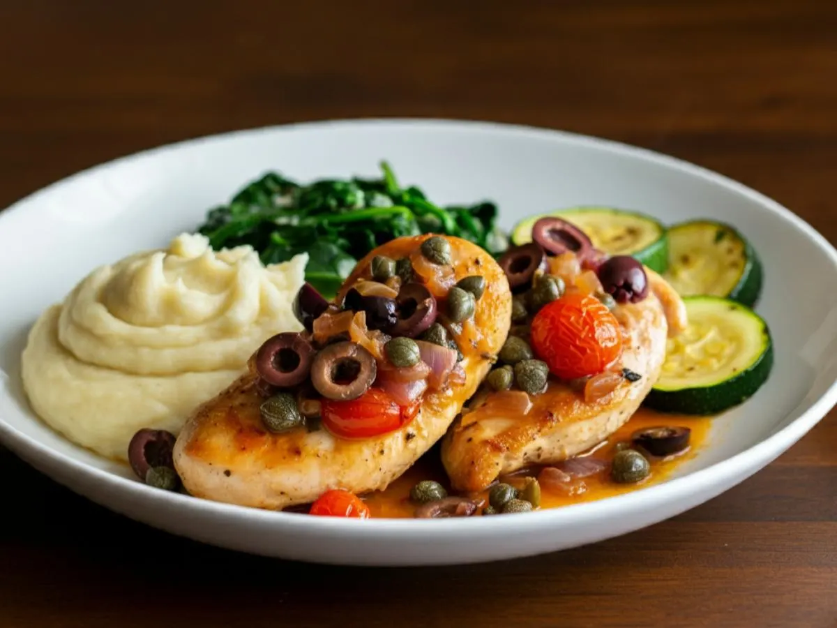 Chicken Cacciatore with Garlic Mash, Sauteed Spinach & Zucchini Chicken Cacciatore with Garlic Mash, Sauteed Spinach & Zucchini