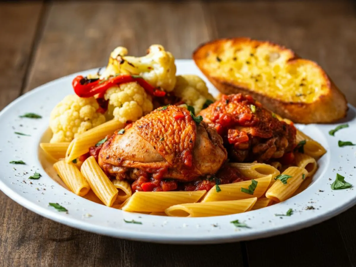Chicken Cacciatore with Rigatoni, Cauliflower Red Peppers & Garlic Bread Chicken Cacciatore with Rigatoni, Cauliflower Red Peppers & Garlic Bread