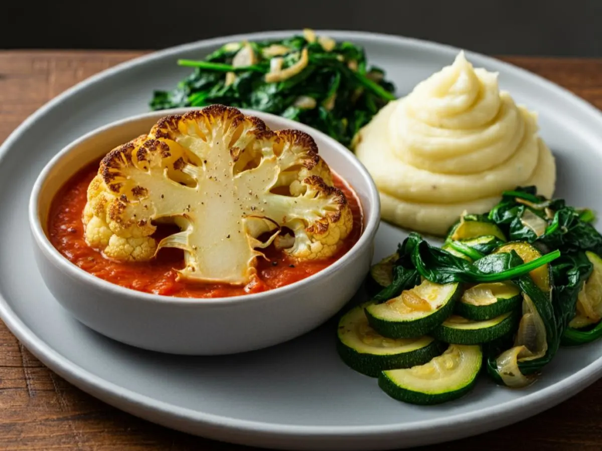 Vegan Gluten-Free Cauliflower Cacciatore with Garlic Mash, Sautéed Spinach & Zucchini Vegan Gluten-Free Cauliflower Cacciatore with Garlic Mash, Sautéed Spinach & Zucchini