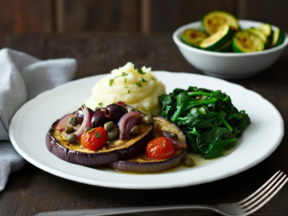 Eggplant Cacciatore with Garlic Mash, Sauteed Spinach & Zucchini Eggplant Cacciatore with Garlic Mash, Sauteed Spinach & Zucchini