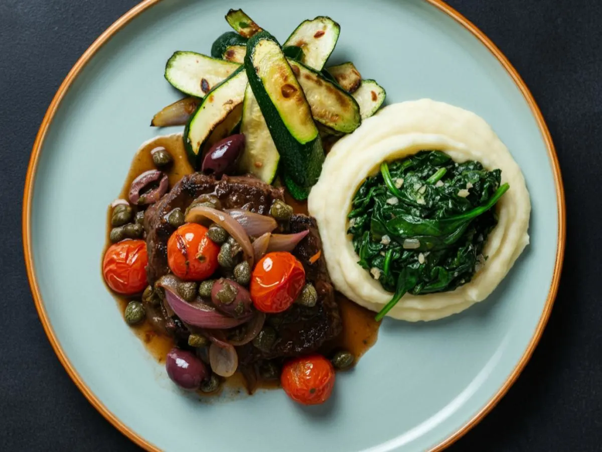 Braised Italian Beef with Garlic Mash, Sauteed Spinach & Zucchini Braised Italian Beef with Garlic Mash, Sauteed Spinach & Zucchini