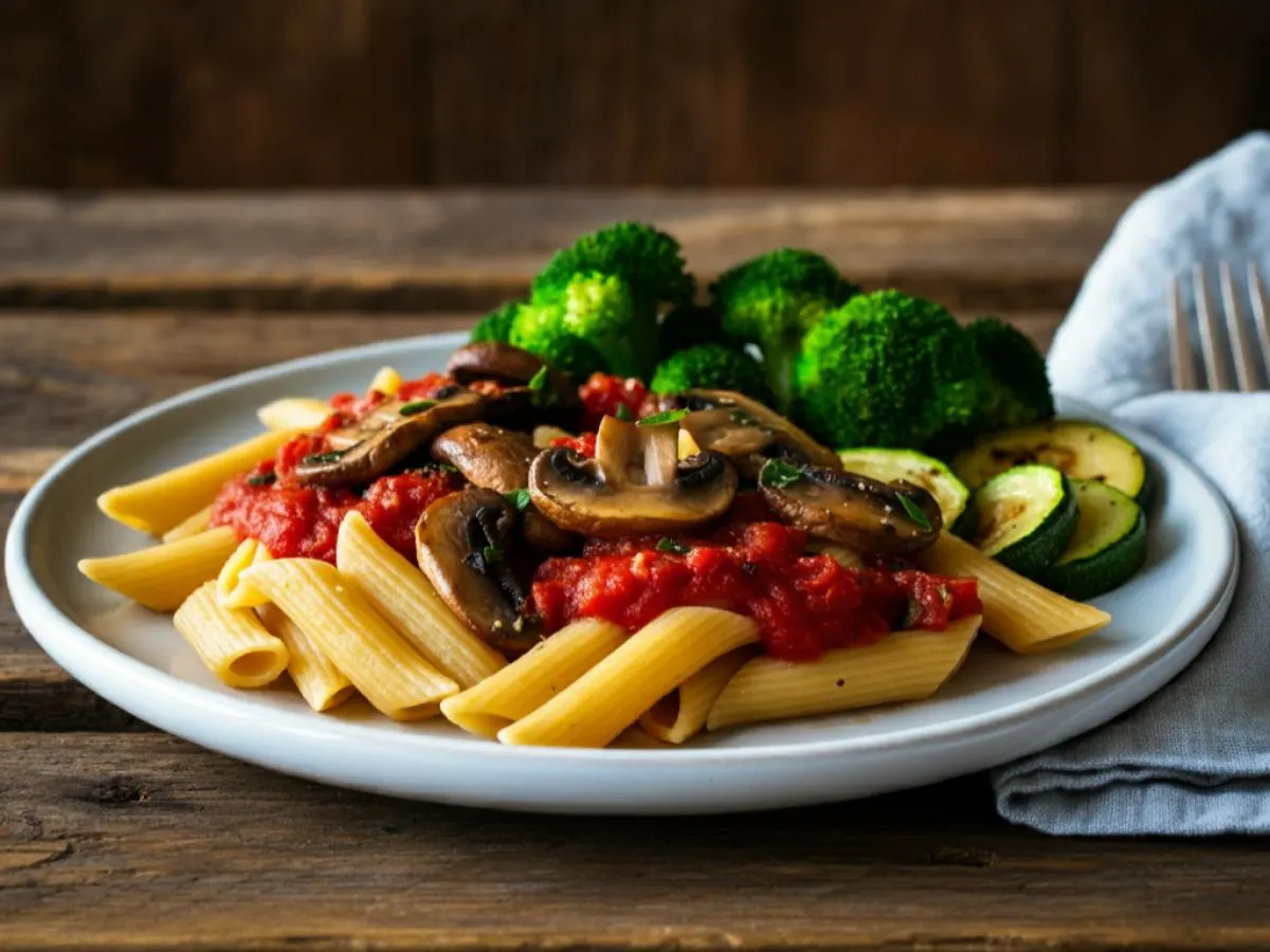 Vegan Gluten-Free Marinara Pasta with Balsamic Portobello, Garlic Broccoli & Zucchini Vegan Gluten-Free Marinara Pasta with Balsamic Portobello, Garlic Broccoli & Zucchini