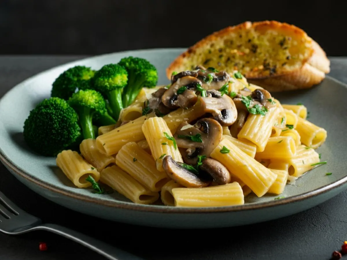 Mushroom Rigatoni Pasta with Garlic Broccoli, Zucchini & Garlic Bread Mushroom Rigatoni Pasta with Garlic Broccoli, Zucchini & Garlic Bread