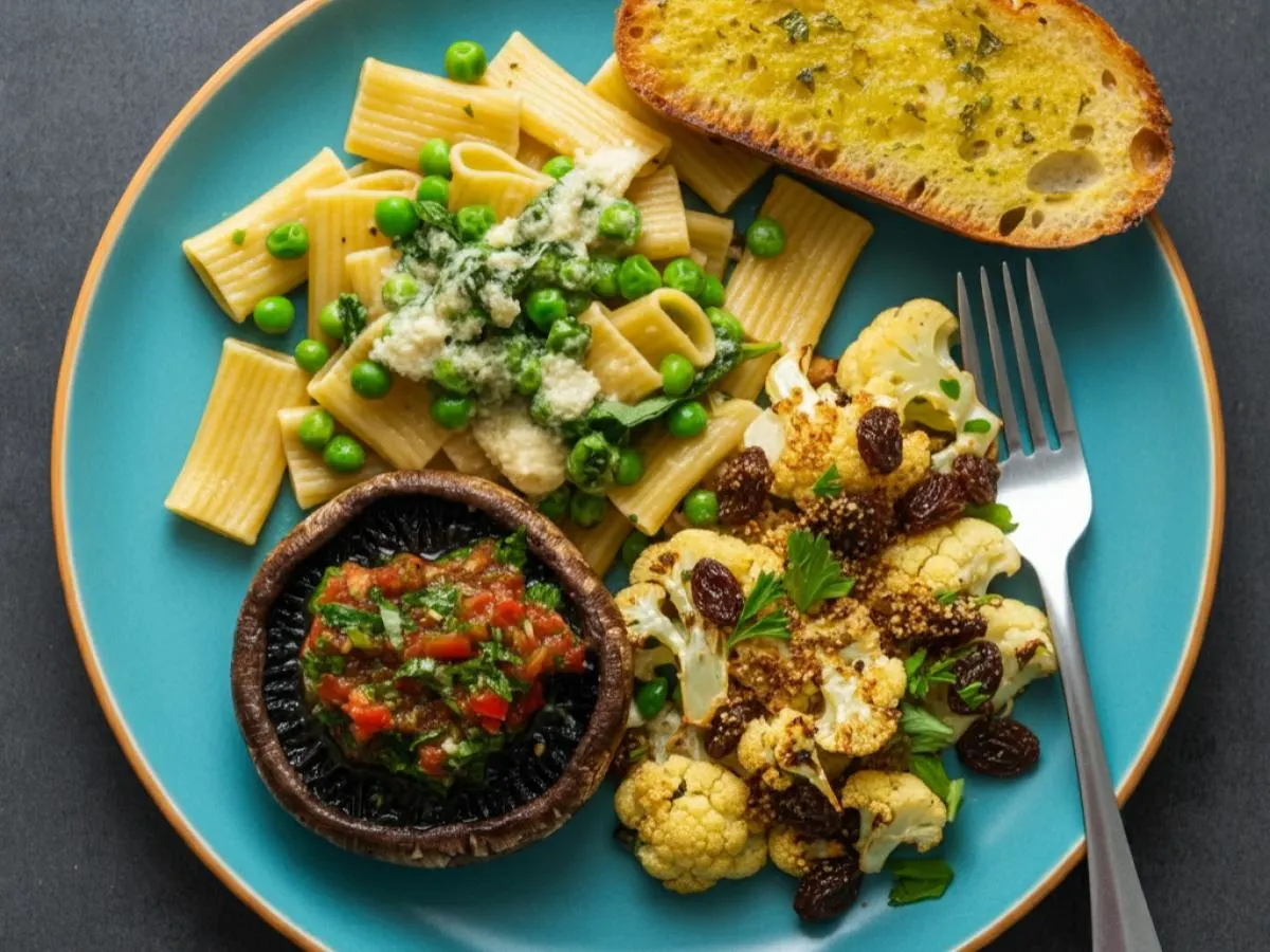 Grilled Portobello with Rigtatoni, Grilled Cauliflower & Garlic Bread Grilled Portobello with Rigtatoni, Grilled Cauliflower & Garlic Bread