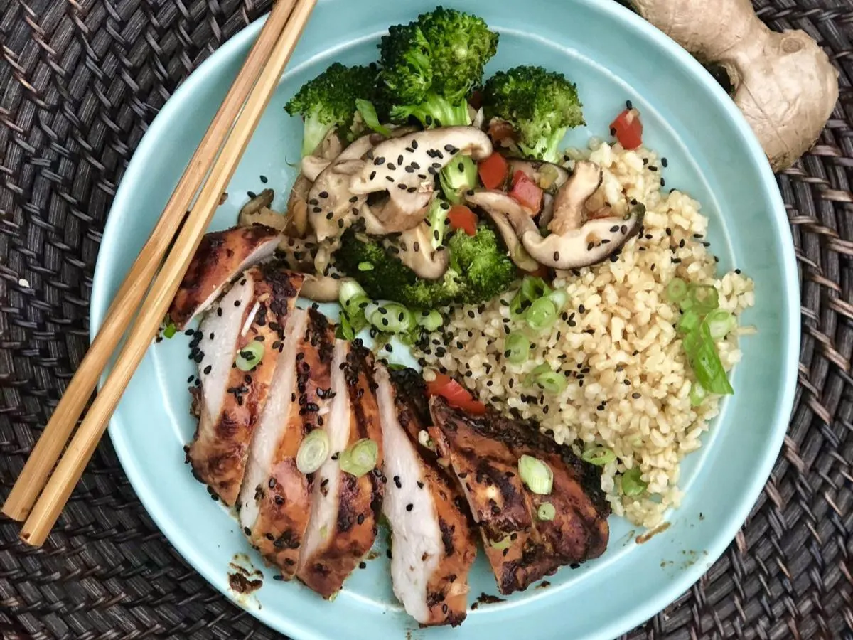 Grilled Chicken with Cranberry Glaze, Wild Rice, & Seasonal Roasted Vegetables