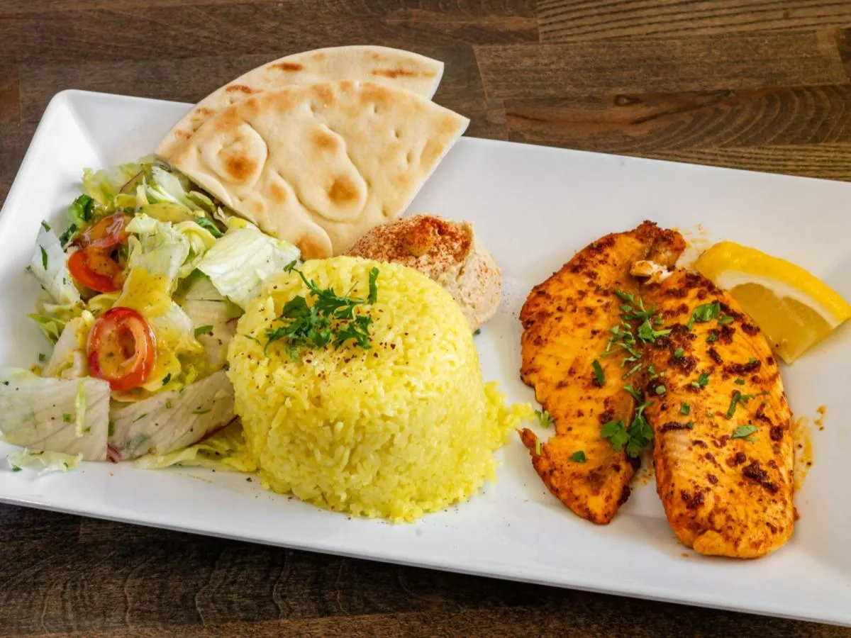 Grilled Tilapia with Rice and Sauteed Veggies (Hummus)