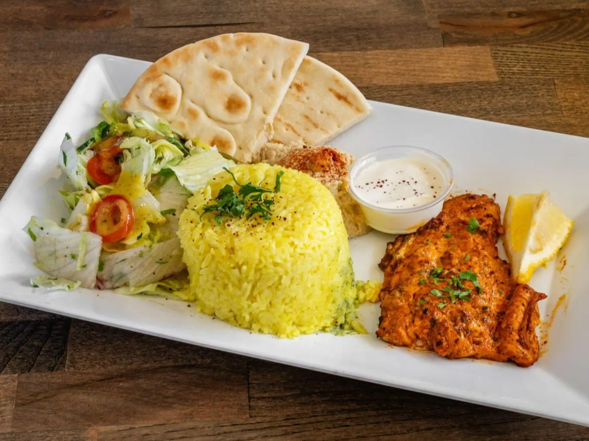 Grilled Salmon with Rice and Sauteed Veggies (Hummus)