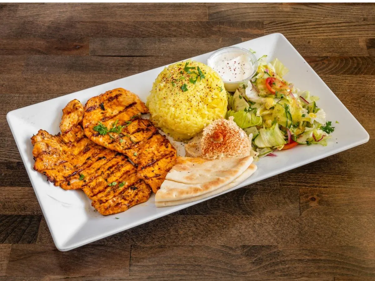 Grilled Chicken Breast with Rice and Sauteed Veggies (Hummus)