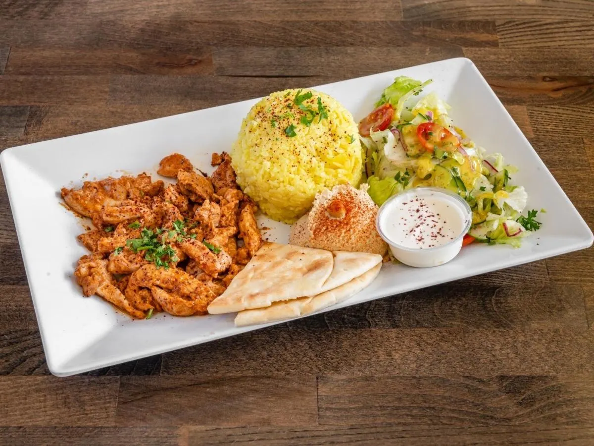 Chicken Shawarma with Rice and Sauteed Veggies (Hummus)