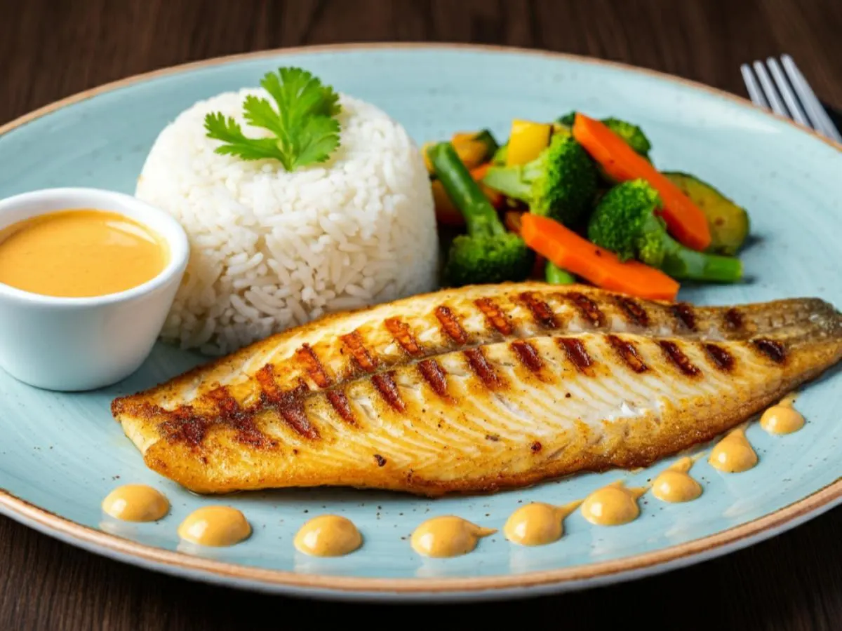 Grilled Tilapia with Rice and Sauteed Veggies (Thoum Sauce)