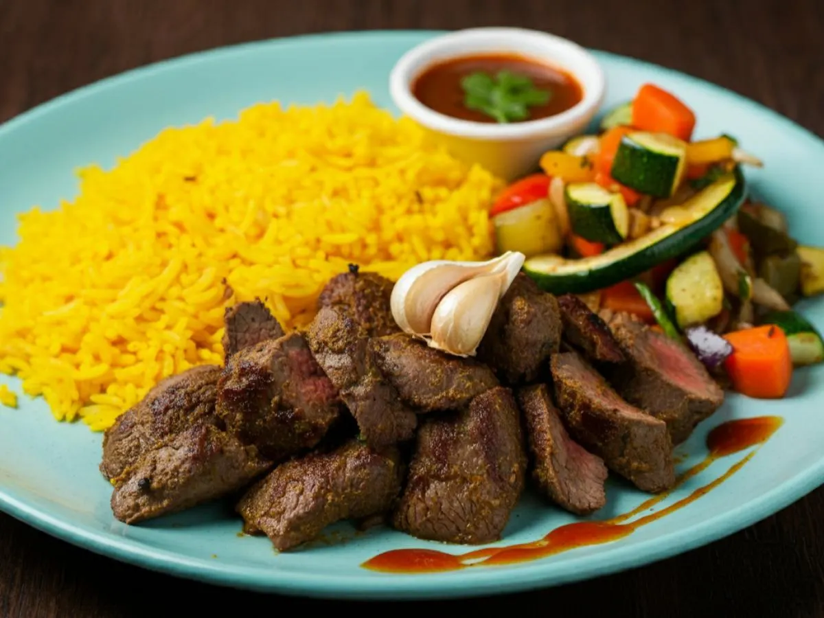 Lamb Shawarma with Rice and Sauteed Veggies (Thoum Sauce)