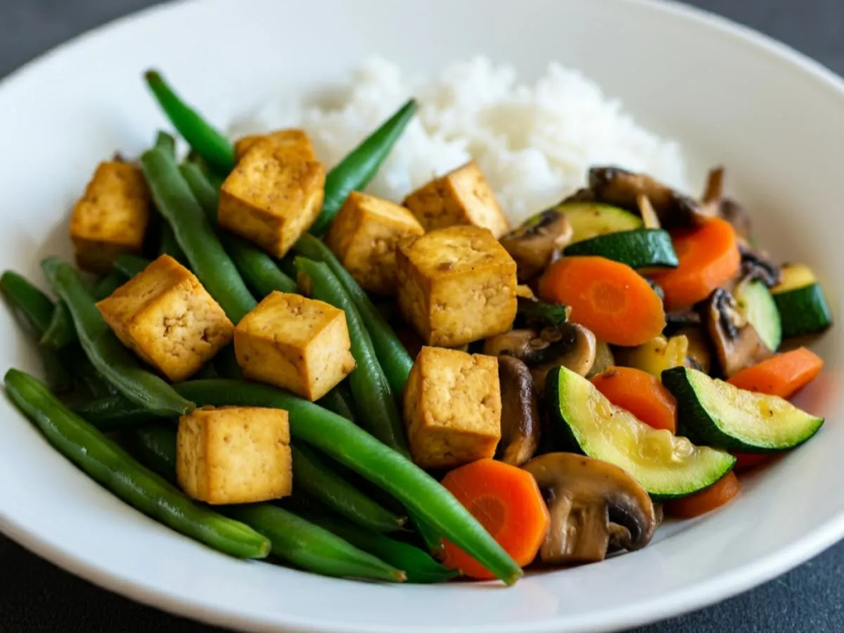 Tofu Green Beans, White Rice, Carrot Mushroom Zucchini Medley Tofu Green Beans, White Rice, Carrot Mushroom Zucchini Medley