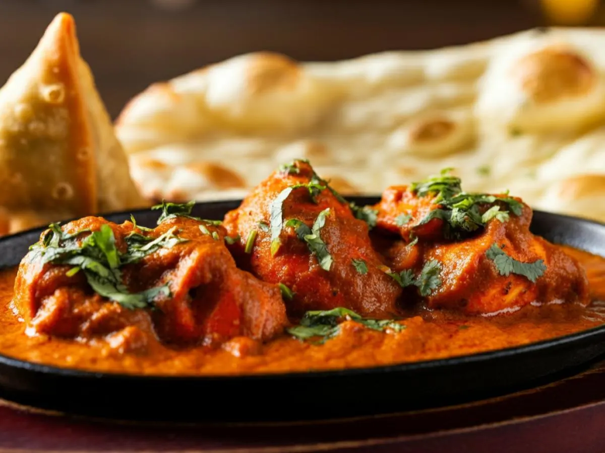 Chicken Tikka Masala with Plain Naan and Vegan Samosa Chicken Tikka Masala with Plain Naan and Vegan Samosa