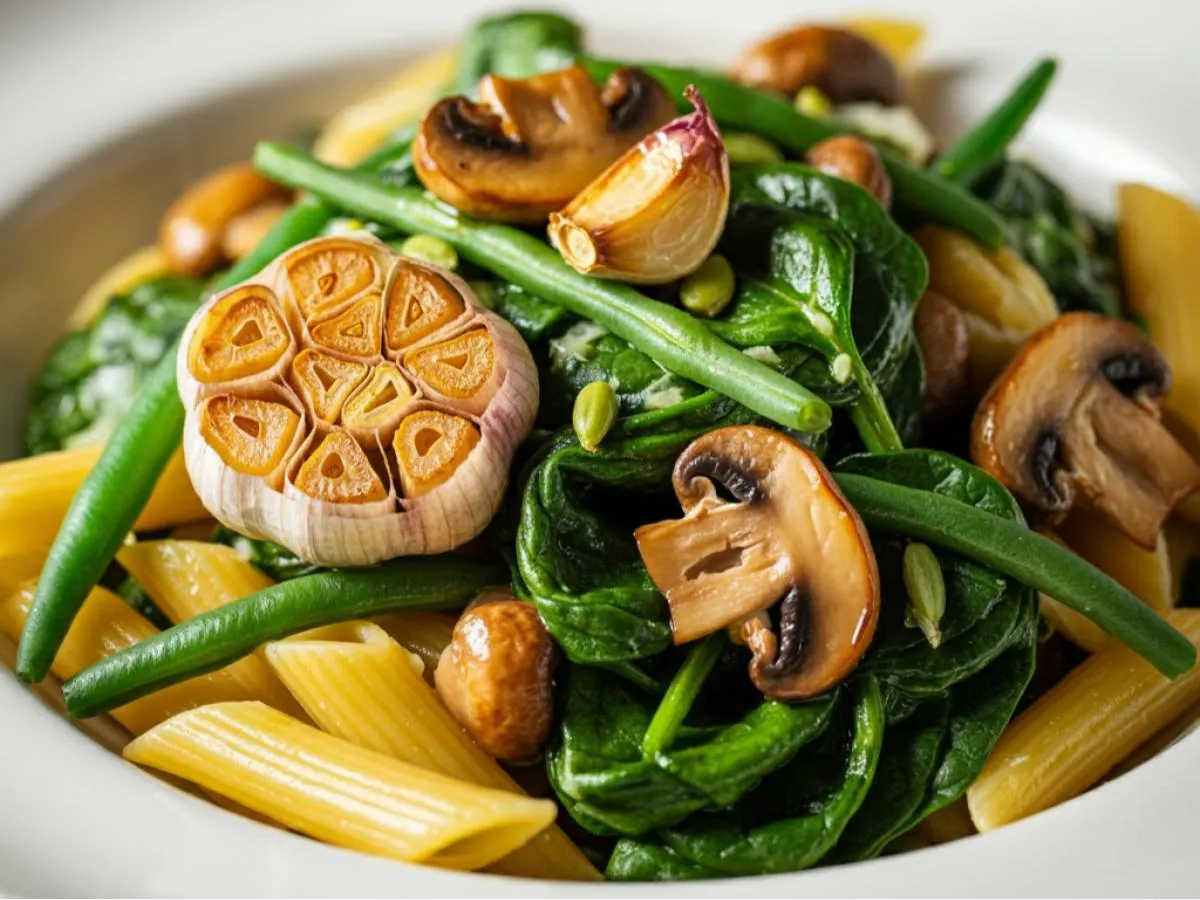 Spinach Penne Primavera Julienne Vegetables, Green Beans, Mushrooms, Fresh Oven Roasted Whole Garlic, Extra Virgin Olive Oil Spinach Penne Primavera Julienne Vegetables, Green Beans, Mushrooms, Fresh Oven Roasted Whole Garlic, Extra Virgin Olive Oil