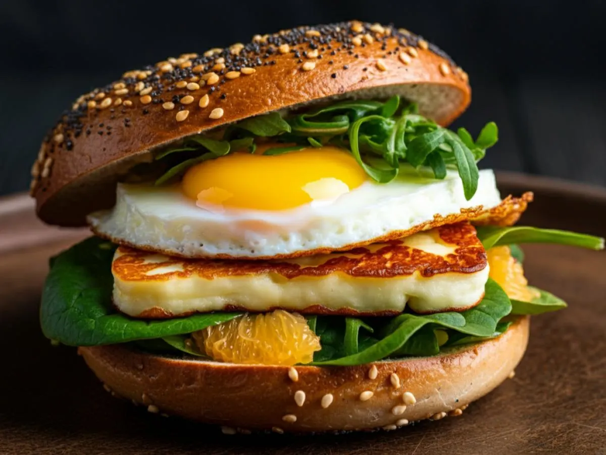 Poppy Bagel Grilled Halloumi Breakfast Sandwich Poppy Bagel Grilled Halloumi Breakfast Sandwich