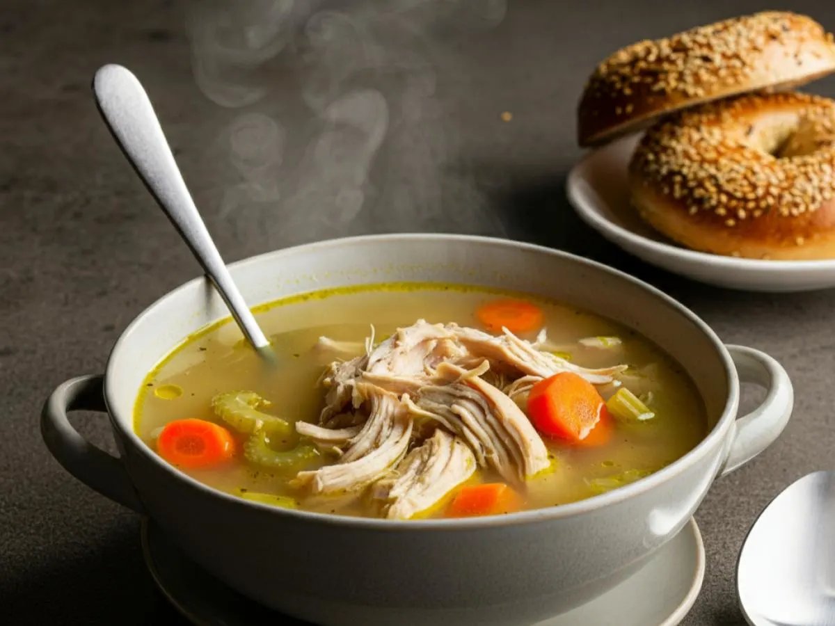 Bowl of Chicken and Pistachio Soup with Wheat Bagel Bowl of Chicken and Pistachio Soup with Wheat Bagel