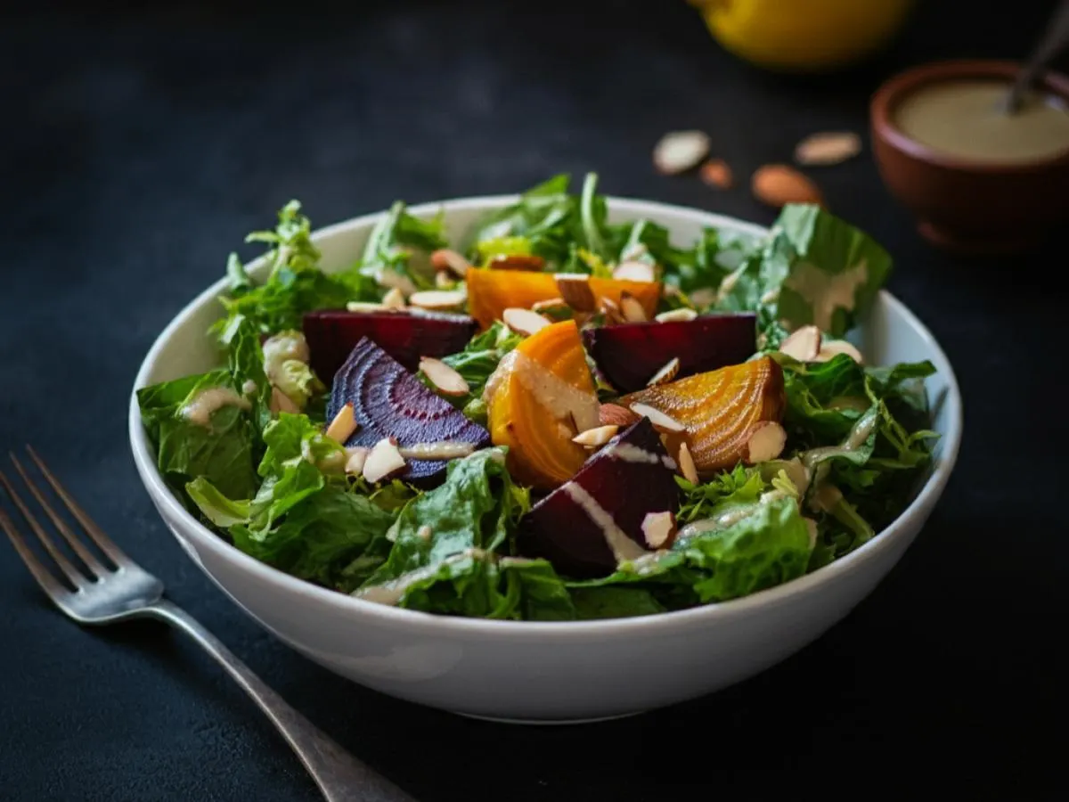 Mixed Greens with Golden Beets & Almonds with Lemon Tahini Dressing Mixed Greens with Golden Beets & Almonds with Lemon Tahini Dressing