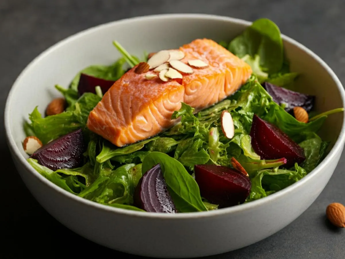 Mixed Greens with Golden Beets & Almonds with Sherry Citrus Vinaigrette with Sockeye Salmon Mixed Greens with Golden Beets & Almonds with Sherry Citrus Vinaigrette with Sockeye Salmon