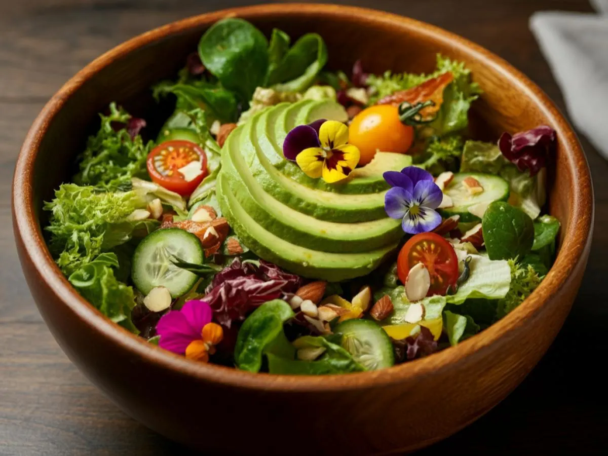 Jain Friendly Mixed Greens with Tomatoes, Cucumbers, Avocado & Almonds with Sherry Citrus Vinaigrette (No Beets) Jain Friendly Mixed Greens with Tomatoes, Cucumbers, Avocado & Almonds with Sherry Citrus Vinaigrette (No Beets)
