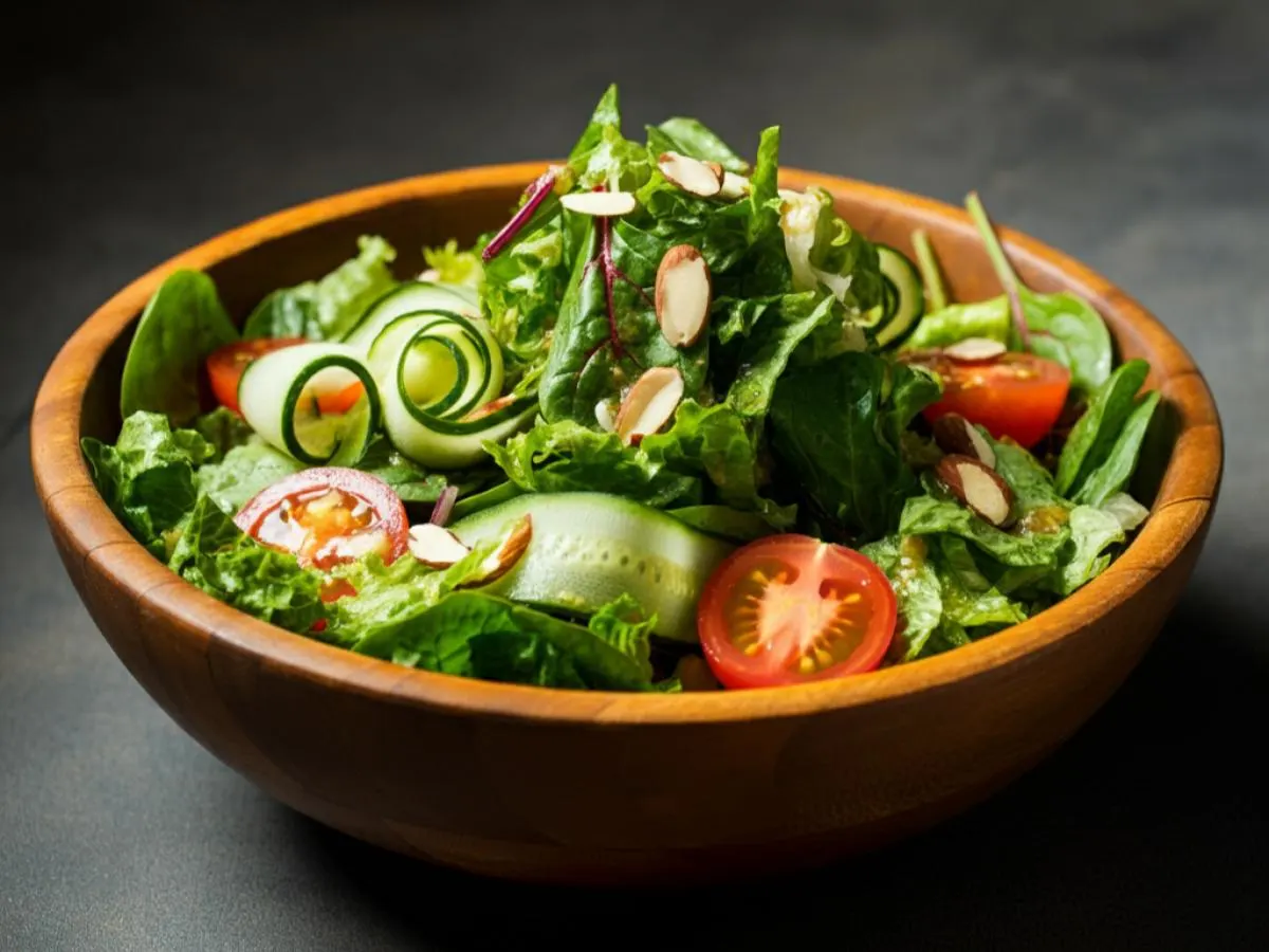 Jain Friendly Mixed Greens with Tomatoes, Cucumbers & Almonds with Sherry Citrus Vinaigrette (No Beets) Jain Friendly Mixed Greens with Tomatoes, Cucumbers & Almonds with Sherry Citrus Vinaigrette (No Beets)