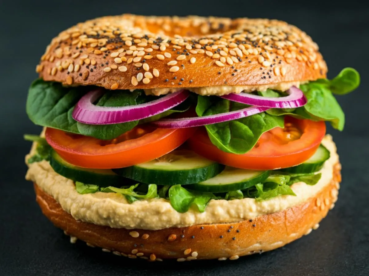 Wheat Sesame Bagel with Hummus and Veggies Sandwich Wheat Sesame Bagel with Hummus and Veggies Sandwich