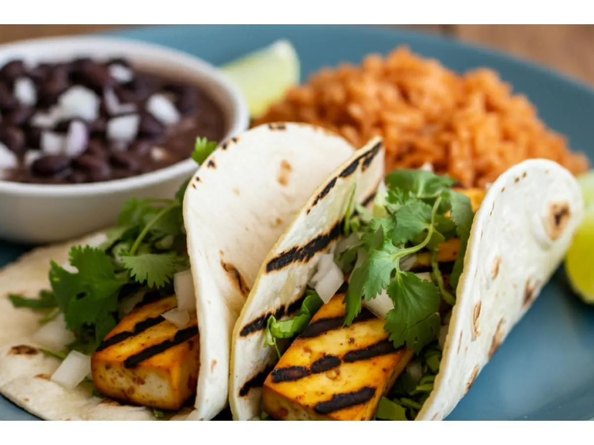 Grilled Tofu Tacos with Spanish Rice and Black Beans Grilled Tofu Tacos with Spanish Rice and Black Beans