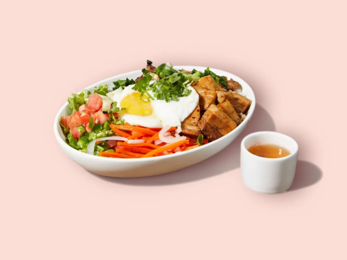 Combo Pork, Pork Belly and Sunny Side Egg Rice Salad Bowl Combo Pork, Pork Belly and Sunny Side Egg Rice Salad Bowl