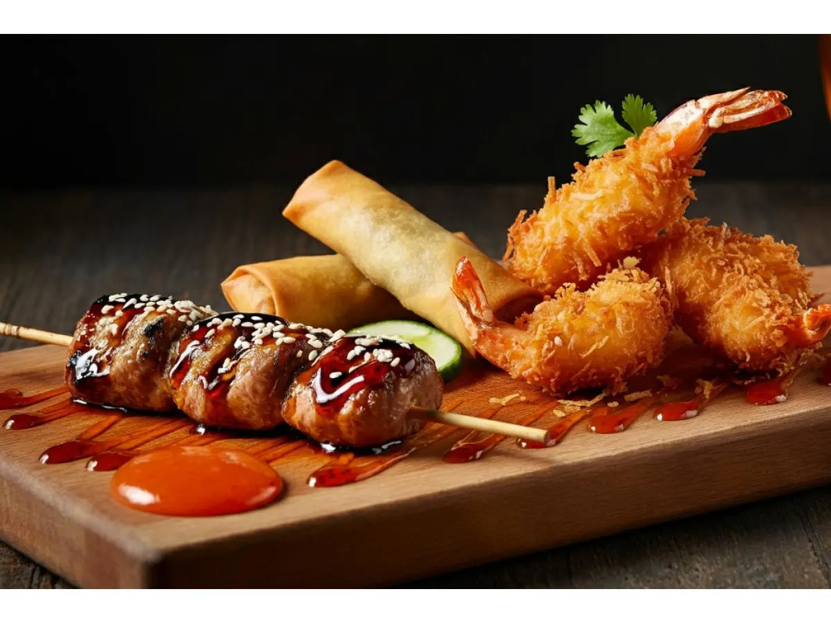 Chicken Teriyaki Skewers, Spring Rolls, Coconut Shrimp with a Sweet Chili Sauce